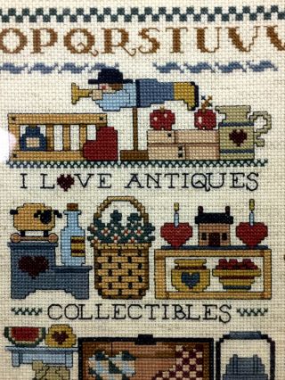 Completed framed cross stitch alphabet sampler embroidery I love antiques 3