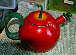 Vintage Copco Red Apple Whistling Tea Hot Water Kettle Enamel Tea Pot