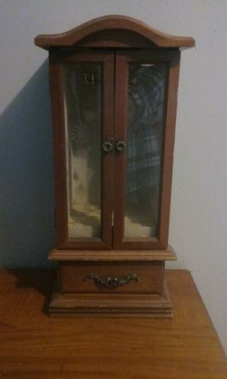 Vintage Wood And Glass Jewelry Cabinet Organizer With Draw