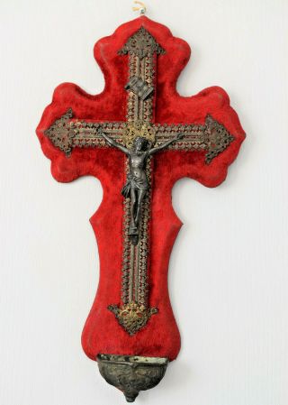 ⭐ Antique French Crucifix Red Velvet 17.  1/2 " Inch,  Holy Water Font,  Stoup 19 Th C