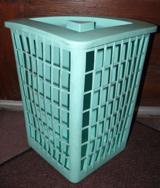 Teal Laundry Basket Bin Can Checkered Aeration Triangle Lid Retro Funky Vintage