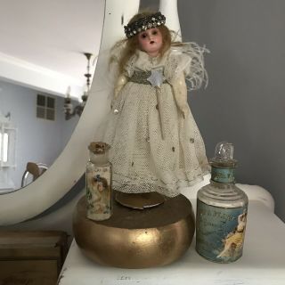 Gorgeous Antique German Bisque Head Christmas Fairy Doll On Music Box Very Rare.
