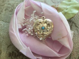 Antique Vintage Gold Filled Heart Charm Drop Repousse With Turquoise Color Stone
