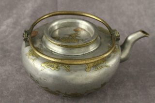 Antique 19th C Chinese Pewter Teapot Copper Brass Bird Floral Inlay Qing Dynasty