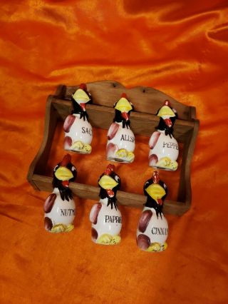 Vintage Hanging Spice Rack 6 Style Rooster Hens Made In Japan