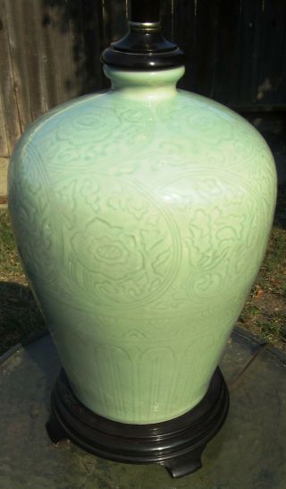Large Antique Vintage Signed Chinese Celadon Green Incised Porcelain Vase Lamp