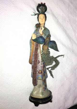 Large Vintage Chinese Gold Gilt Silver Cloisonne Guan Yin Figure Guanyin