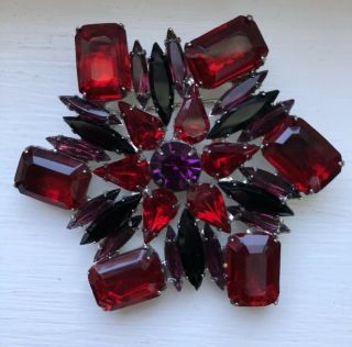 Vintage Cranberry Red Black And Purple Rhinestone & Glass Brooch Pin