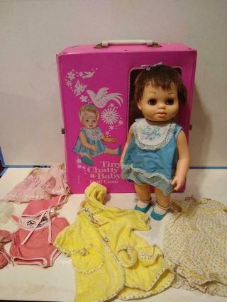 Vintage Mattel Tiny Chatty Baby Brunette Doll Trunk Case And Tagged Ext