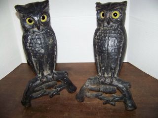 Antique Rostand Cast Iron Owl Andirons W/ Glass Eyes