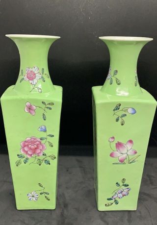 Fine Pair Antique Chinese Green Ground Famille Rose Square Vases