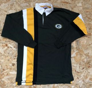 Green Bay Packers Logo 7 Vintage Vertical Striped Rugby Polo Shirt Size Large L