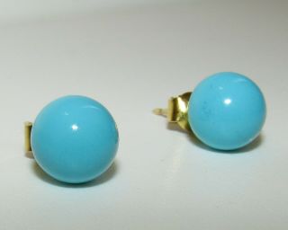 Large,  Antique Art Deco 14 Ct Gold Stud Earrings With Natural Turquoise Gems