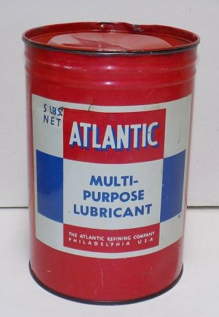Vintage 5lb Atlantic Multi Purpose Lubricant Advertising Oil Tin Can