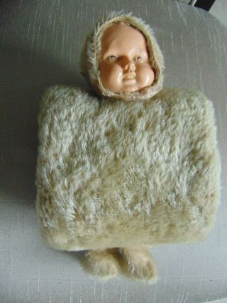 Celluloid Type Doll Face Faux Fur Child Vintage Hand Muff