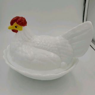 Vintage Fenton Hen On Nest White Milk Glass Covered Dish Painted Red Yellow Head