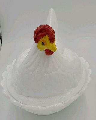 Vintage Fenton Hen On Nest White Milk Glass Covered Dish Painted Red Yellow Head 3