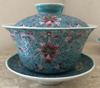 Vintage Chinese Turquoise Ground Porcelain Rice Bowl,  Cover And Stand (, Stand)