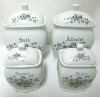Vintage German Spice Jars Canisters Floral Purple Salt Cloves Misc.  Thyme Set 4