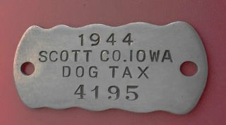 Vintage Dog License Tag: Scott County Iowa (1944) ; War Time Wwii Tag