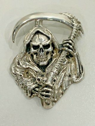 Detailed Heavy Vintage Sterling Silver Grim Reaper Skull Pendant