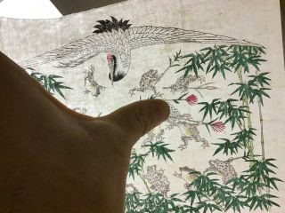 Vintage ukiyo - e Kawanabe Kyosai frogs crane bamboo - woodblock print 3