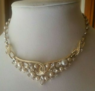 Vintage Coro Signed Faux Pearl Princess Rhinestone Choker Necklace Sweetheart