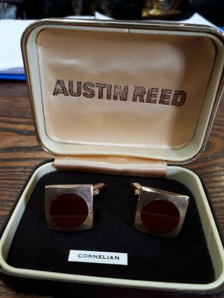 Mans Cufflinks Gold Plated Red Cornelian Stone Vintage Jewellery Brown Box