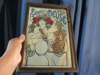 A Vintage Bieres De La Meuse Art Nouveau Style Mucha Style Picture Mirror - Framed