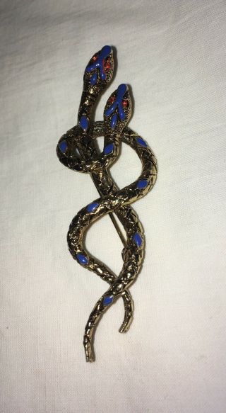 Vintage 1960s Signed Art Figural Snake Serpent Pin Brooch Enamel Rhinestones
