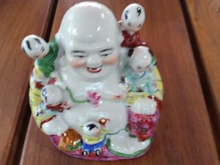 Vintage Chinese Porcelain Happy Buddha Statue With 5 Children Hand Painted