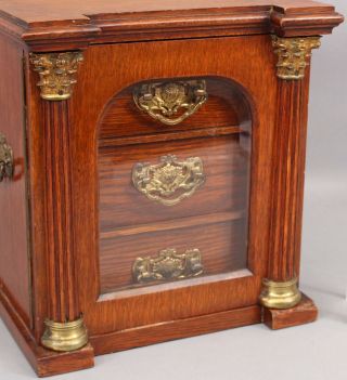 19thC Antique English Victorian Solid Oak Jewelry Chest,  Columns & Gilt Brass 2