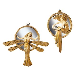 Lady Dragonfly & Orb Madame Art Deco Mirror Wall Sculpture Set Of 2
