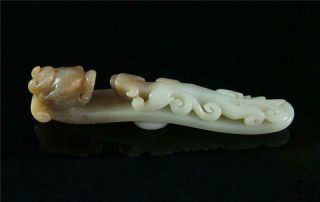 Fine Old Chinese Celadon Nephrite Jade Belt Hook Buckle Statue Double Dragons