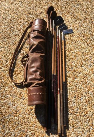 7 Antique Hickory Wood Shaft Golf Clubs And Leather Bag Man Cave Christmas Gift
