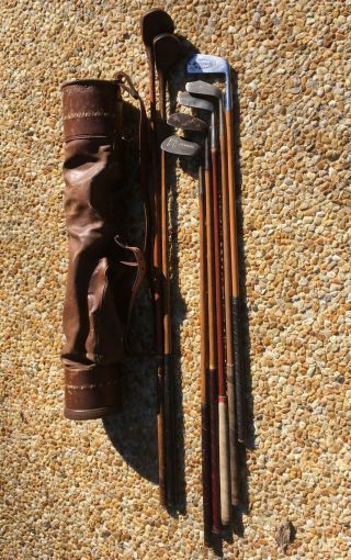 7 Antique Hickory wood shaft Golf Clubs and Leather bag man cave Christmas gift 2
