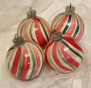 4 Vtg Glass Ornament White W/pink Green Red Stripe Peppermint Candy Dbgm 2.  5”