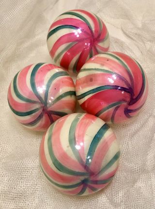 4 VTG Glass Ornament White w/Pink Green Red Stripe Peppermint Candy DBGM 2.  5” 3