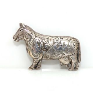 Vtg 6.  7gr Sterling Silver Milk Cow Bovine Modernist Swirl Animal Pin Brooch Zp