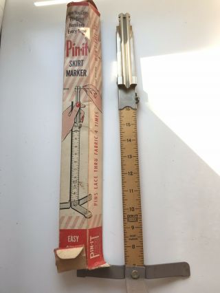Vintage Pin It Hem Measurer Seamstress Skirt Marker Wood Ruler Made In Usa Metal
