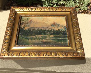 Small Antique Oil On Board Painting Man Fishing Lake Scene / Frame