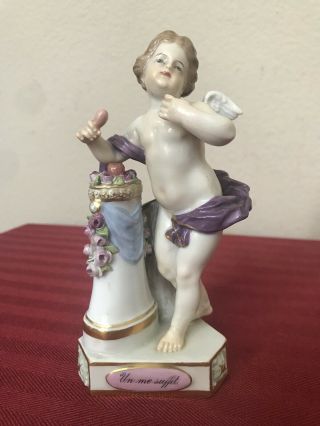 Antique Meissen Painted Porcelain Figurine Un Me Suffit Cupid Signed 5” Exclnt