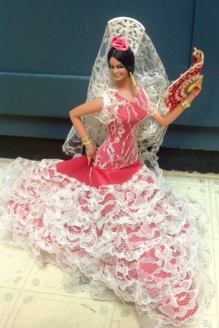 Vintage Marin Chiclana Tagged Spanish Red Flamenco Dancer Doll With Fan Rare
