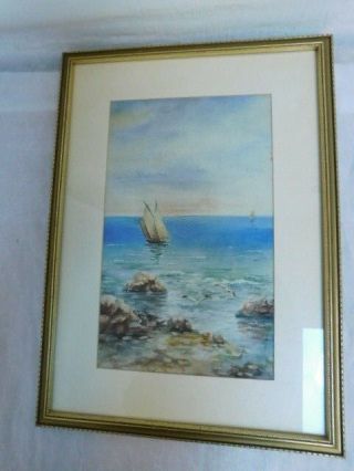 Grummett Watercolor Painting Framed Signed Sailboat Ocean Landscape Vintage