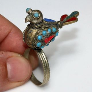 Very Rare Post Medieval Bird Ring With Stones - Silver Plated Ca 1600 Ad