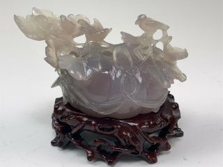 Fine Chinese Carved Lavender Jade Sculpture Birds & Leaves On Melon Form,  Stand