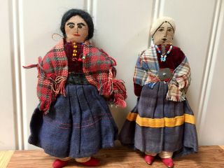 2 Antique/vintage Handmade Peruvian Embroidered Cloth Folk Dolls Cotton 6 - 3/4 "