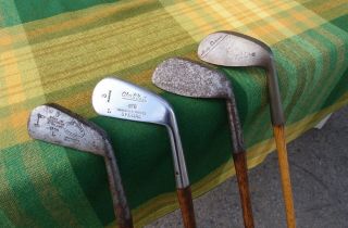4 Antique Hickory Wood Shaft Golf Clubs " L " Wilson Spldg Btn J Spence Tlc Irons
