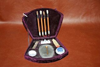 Antique 11 - Pc Chinese Paint Set W/ 4 Brushes & Accessories In Purple Velvet Case