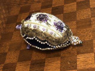 Vintage June Zimonick Style Beaded Christmas Ornament - Purple Green Gold Floral 3